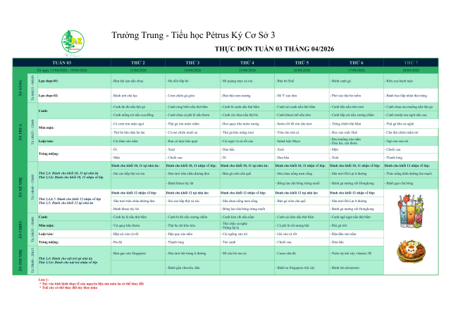 Thực đơn THPT | Từ ngày 13/04/2026 đến ngày 18/04/2026