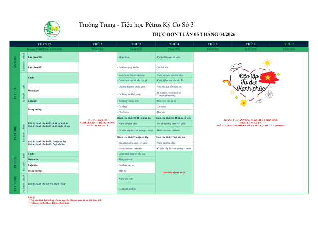 Thực đơn THPT | Từ ngày 28/04/2026 đến ngày 29/04/2026