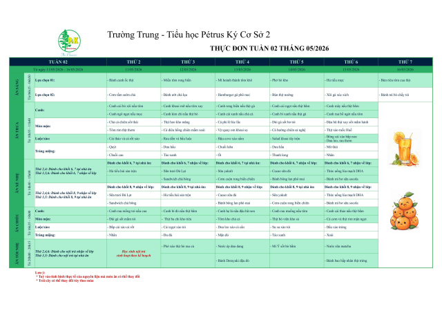 Thực đơn THCS | Từ ngày 11/5/2026 đến ngày 16/5/2026