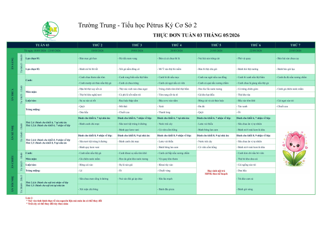 Thực đơn THCS | Từ ngày 18/5/2026 đến ngày 23/5/2026