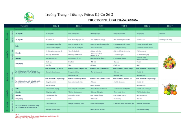 Thực đơn THCS | Từ ngày 04/05/2026 đến ngày 09/05/2026