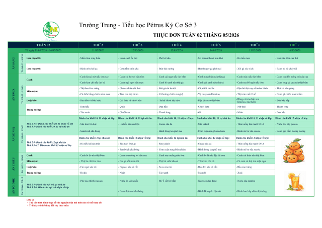 Thực đơn THPT | Từ ngày 11/05/2026 đến ngày 16/05/2026