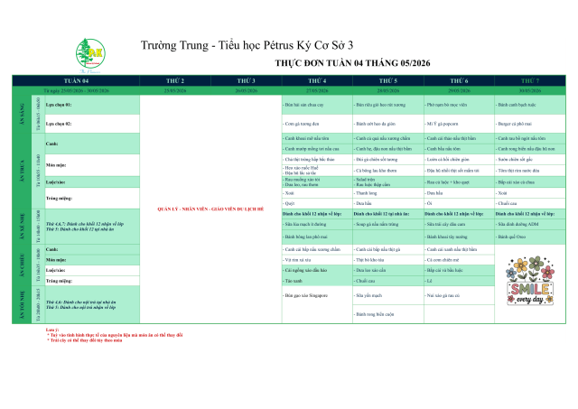 Thực đơn THPT | Từ ngày 25/05/2026 đến ngày 30/05/2026