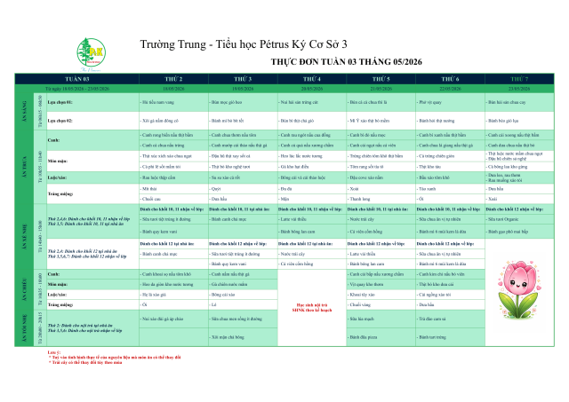 Thực đơn THPT | Từ ngày 18/05/2026 đến ngày 23/05/2026