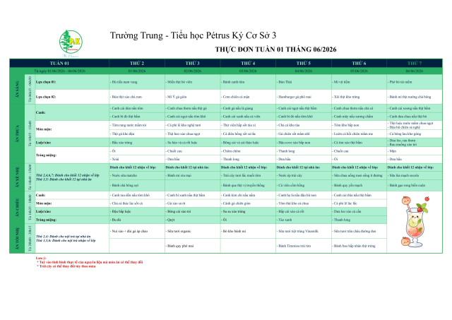 Thực đơn THPT | Từ ngày 01/06//2026 đến ngày 06/06/2026