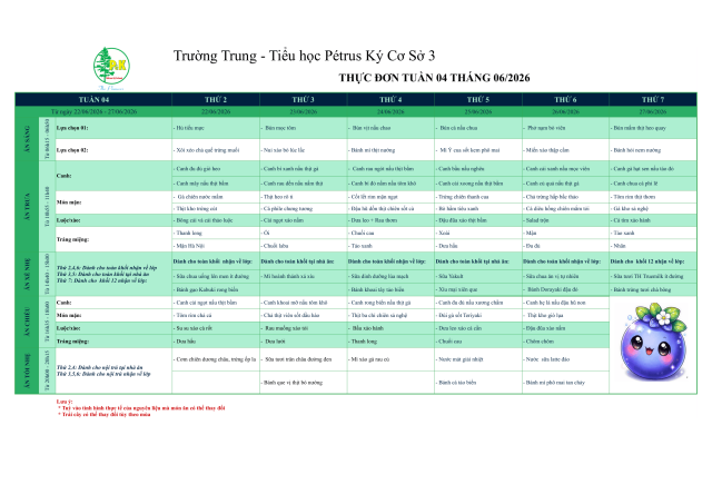 Thực đơn THPT | Từ ngày 22/6/2026 đến ngày 27/6/2026