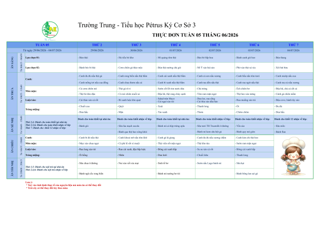 Thực đơn THPT | Từ ngày 29/6/2026 đến ngày 04/7/2026