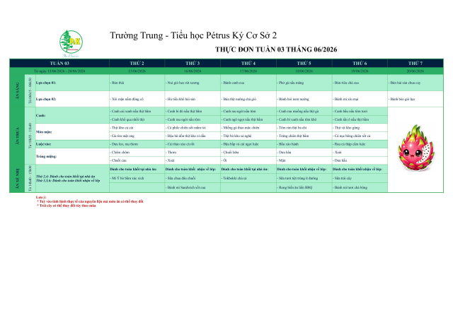 Thực đơn THCS | Từ ngày 15/6/2026 đến ngày 20/6/2026