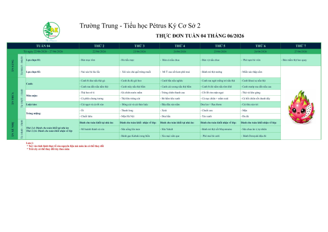Thực đơn THCS | Từ ngày 22/6/2026 đến ngày 27/6/2026