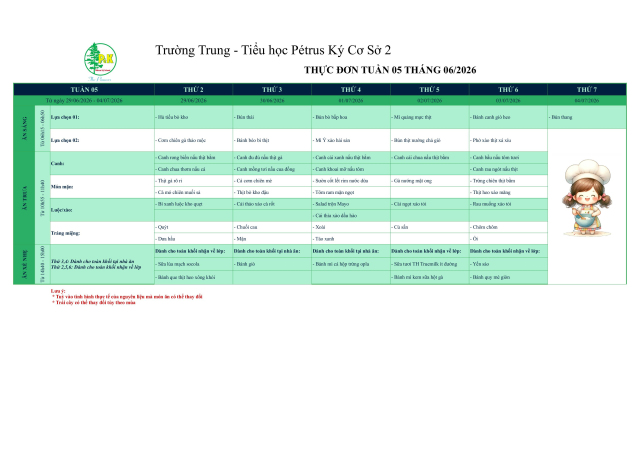 Thực đơn THCS | Từ ngày 29/6/2026 đến ngày 04/7/2026