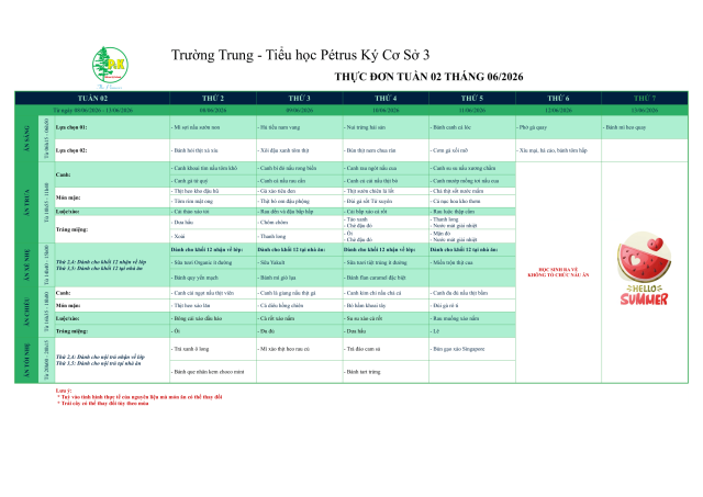 Thực đơn THPT | Từ ngày 08/06/2026 đến ngày 13/06/2026