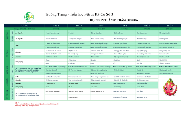 Thực đơn THPT | Từ ngày 15/06/2026 đến ngày 20/06/2026