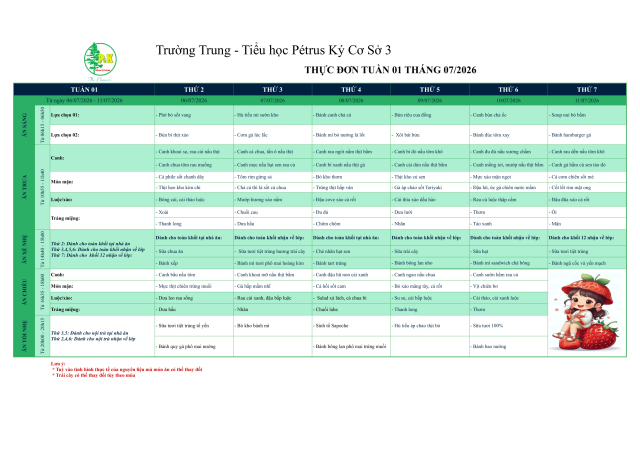 Thực đơn THPT | Từ ngày 06/7/2026 đến ngày 11/7/2026