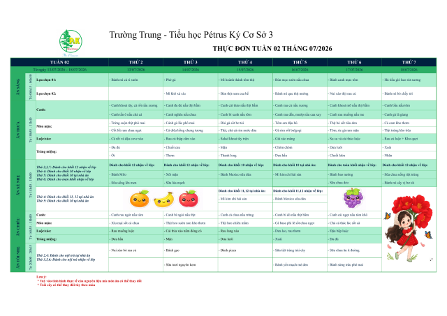 Thực đơn THPT | Từ ngày 13/07/2026 đến ngày 18/7/2026