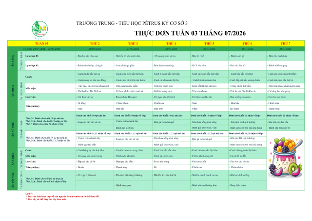 Thực đơn THPT | Từ ngày 20/07/2026 đến ngày 25/7/2026