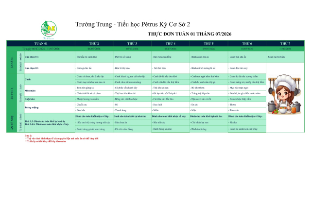 Thực đơn THCS | Từ ngày 06/7/2026 đến ngày 11/7/2026
