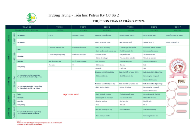 Thực đơn THCS | Từ ngày 13/7/2026 đến ngày 18/7/2026