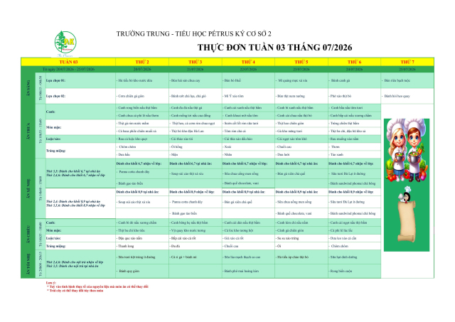 Thực đơn THCS | Từ ngày 20/7/2026 đến ngày 25/7/2026