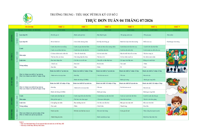 Thực đơn THCS | Từ ngày 27/7/2026 đến ngày 01/8/2026