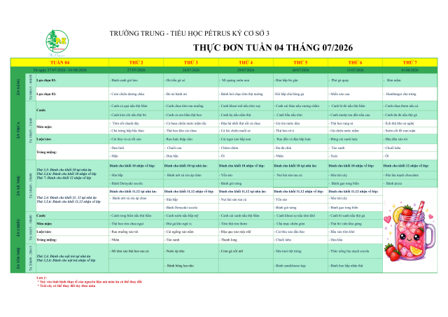 Thực đơn THPT | Từ ngày 27/07/2026 đến ngày 1/8/2026