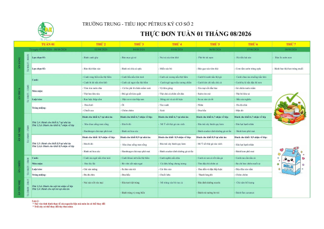 Thực đơn THCS | Từ ngày 03/8/2026 đến ngày 08/8/2026