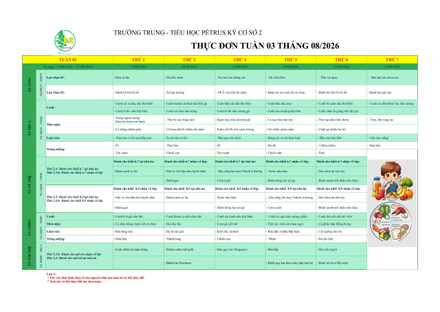 Thực đơn THCS | Từ ngày 17/8/2026 đến ngày 22/8/2026