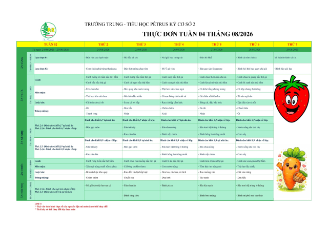 Thực đơn THCS | Từ ngày 24/8/2026 đến ngày 29/8/2026