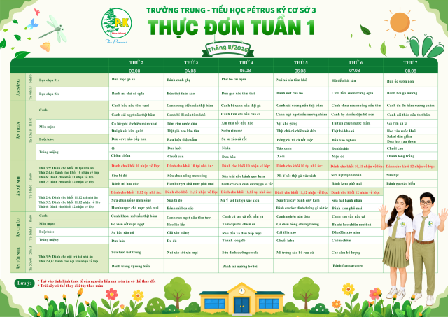 Thực đơn THPT | Từ ngày 03/08/2026 đến ngày 08/08/2026