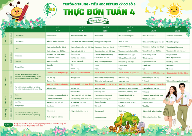 Thực đơn THPT | Từ ngày 24/8/2026 đến ngày 29/8/2026