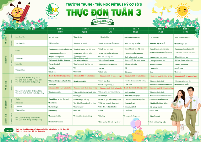 Thực đơn THPT | Từ ngày 17/8/2026 đến ngày 22/8/2026