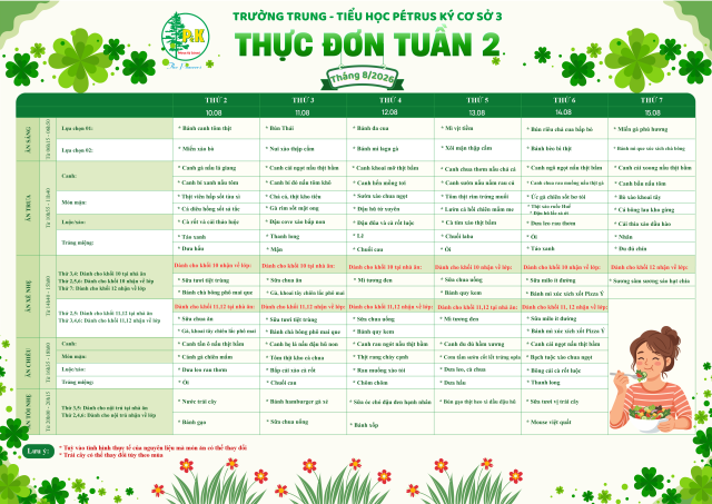 Thực đơn THPT | Từ ngày 10/8/2026 đến ngày 15/8/2026