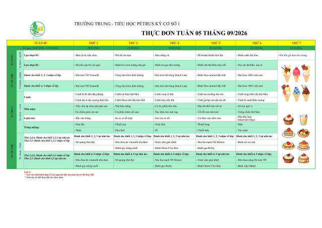 Thực đơn Tiểu học | Từ ngày 28/9/2026 đến ngày 03/10/2026