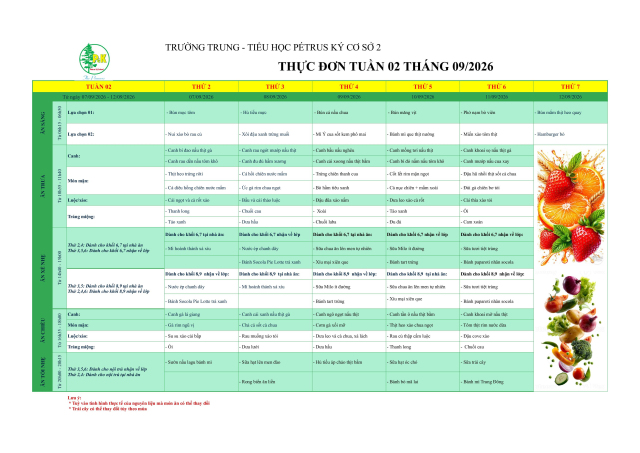 Thực đơn THCS | Từ ngày 07/9/2026 đến ngày 12/9/2026