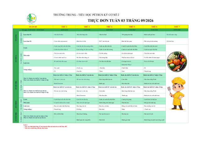 Thực đơn THCS | Từ ngày 14/9/2026 đến ngày 19/9/2026