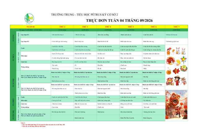 Thực đơn THCS | Từ ngày 21/9/2026 đến ngày 26/9/2026