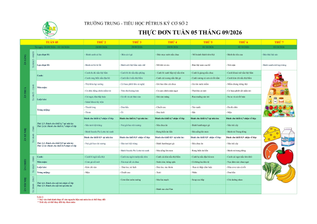 Thực đơn THCS | Từ ngày 28/9/2026 đến ngày 03/10/2026