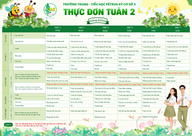 Thực đơn THPT | Từ ngày 07/9/2026 đến ngày 12/9/2026