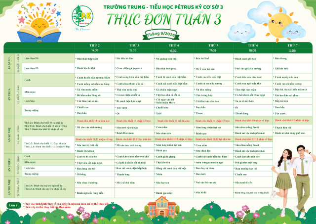 Thực đơn THPT | Từ ngày 14/9/2026 đến ngày 19/9/2026