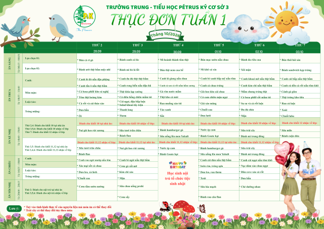 Thực đơn THPT | Từ ngày 28/9/2026 đến ngày 03/10/2026