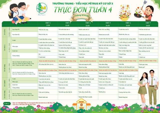Thực đơn THPT | Từ ngày 21/9/2026 đến ngày 26/9/2026
