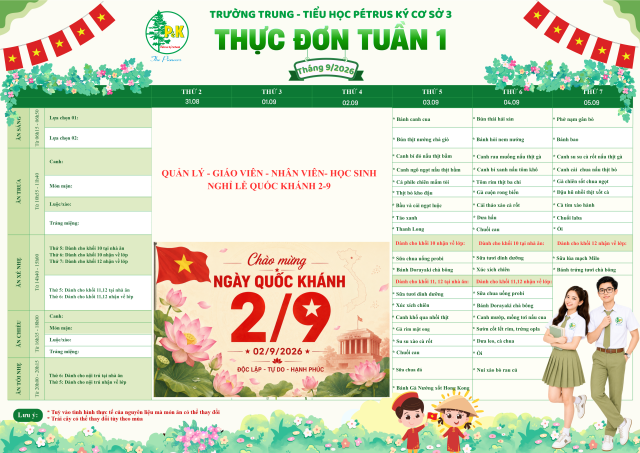 Thực đơn THPT | Từ ngày 31/8/2026 đến ngày 05/9/2026
