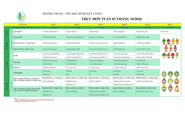 Thực đơn Tiểu học | Từ ngày 12/10/2026 đến ngày 17/10/2026