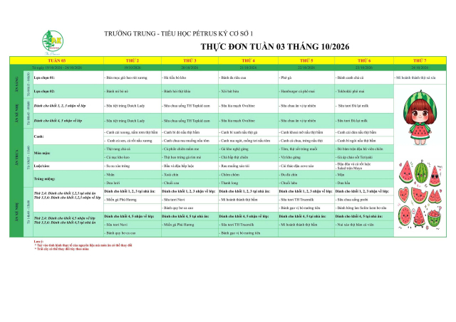 Thực đơn Tiểu học | Từ ngày 19/10/2026 đến ngày 24/10/2026