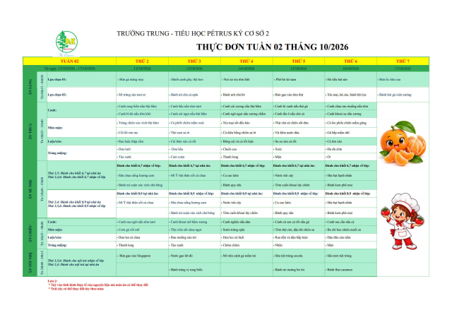 Thực đơn THCS | Từ ngày 12/10/2026 đến ngày 17/10/2026