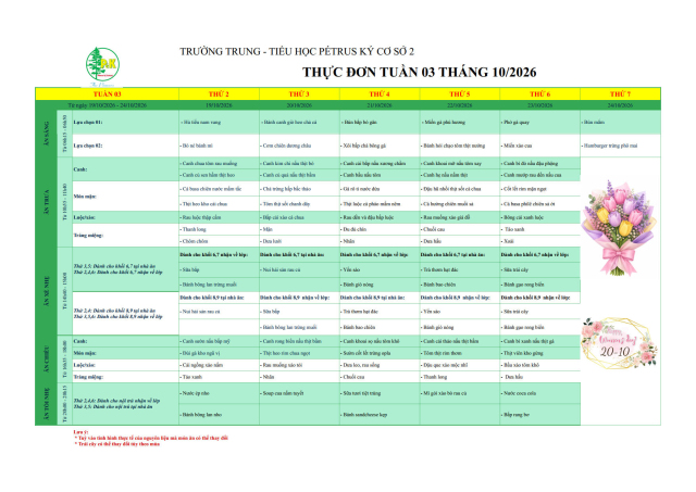 Thực đơn THCS | Từ ngày 19/10/2026 đến ngày 24/10/2026
