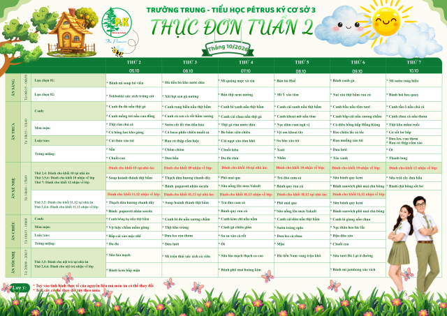 Thực đơn THPT | Từ ngày 05/10/2026 đến ngày 10/10/2026
